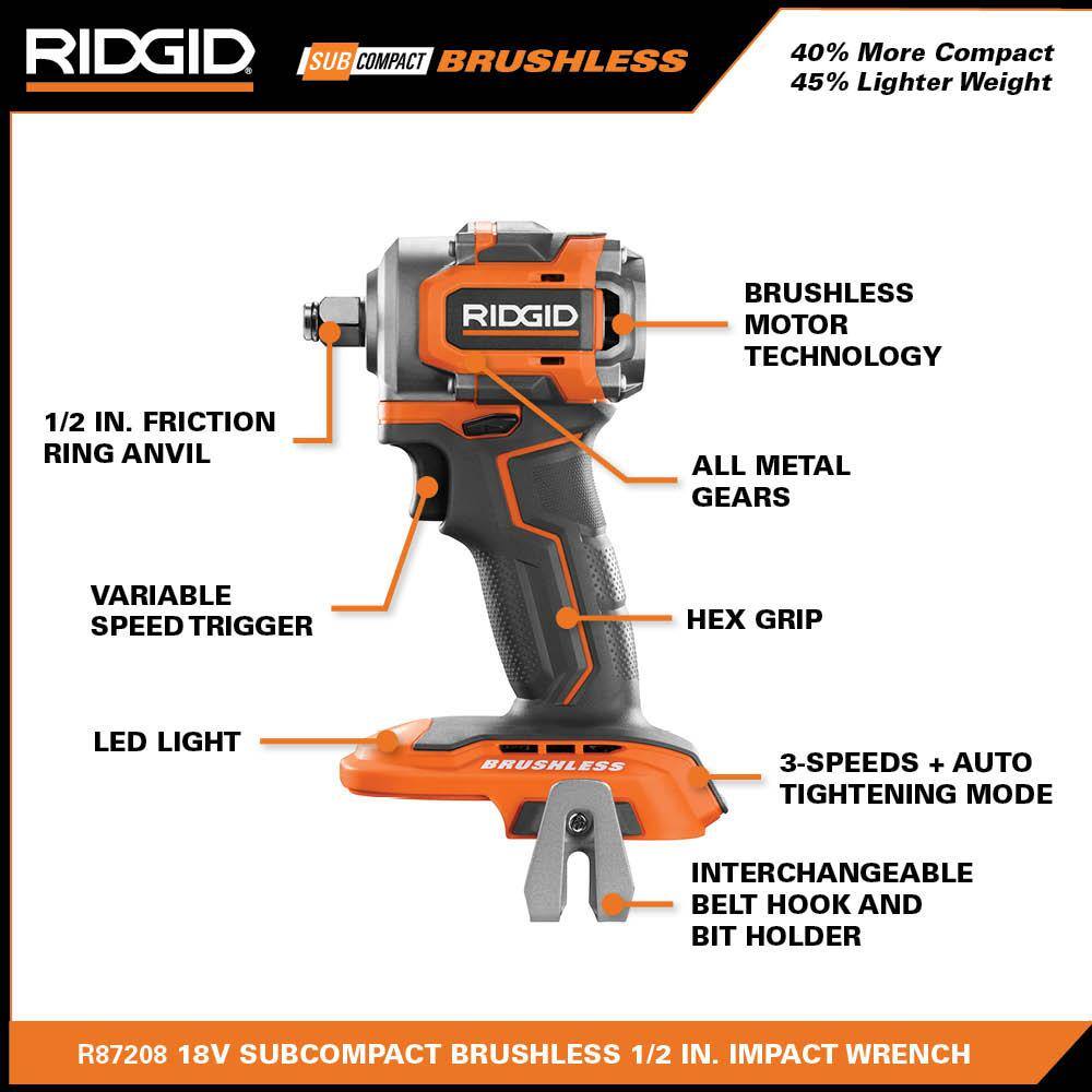 RIDGID 18V SubCompact Brushless Cordless 1/2 in. Impact Wrench Kit with 2.0 Ah Battery, 18V Charger, and Bag