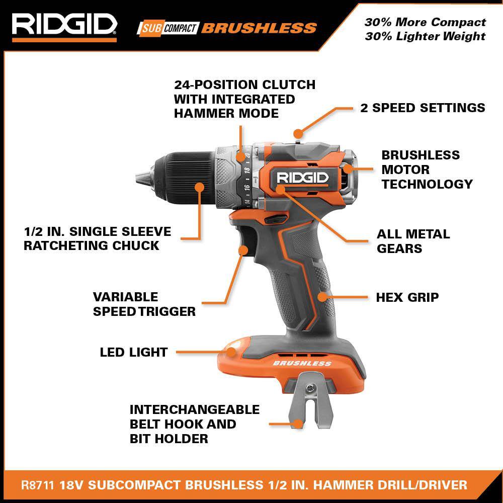 RIDGID 18V SubCompact Brushless 1/2 In. Hammer Drill/Driver (Tool Only)