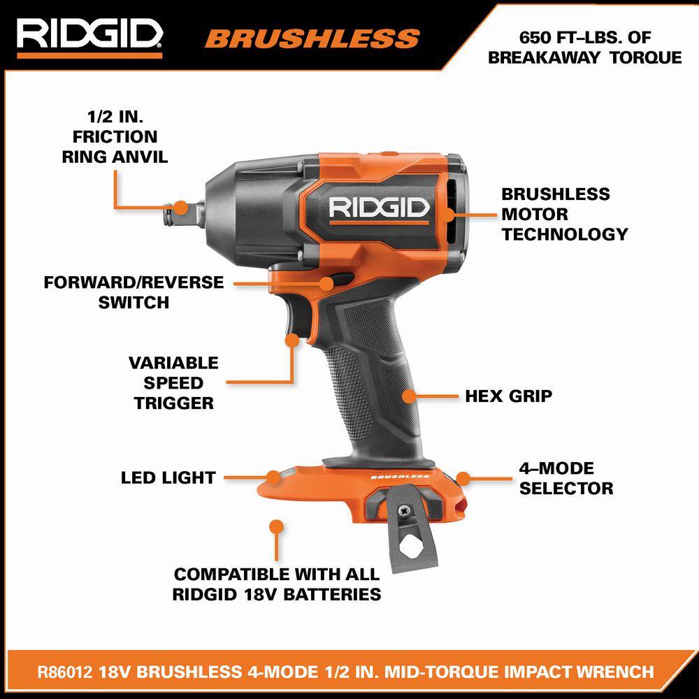 RIDGID 18V Brushless 4-Mode 1/2 in. Mid-Torque Impact Wrench Kit with Pin Detent (Tool Only)