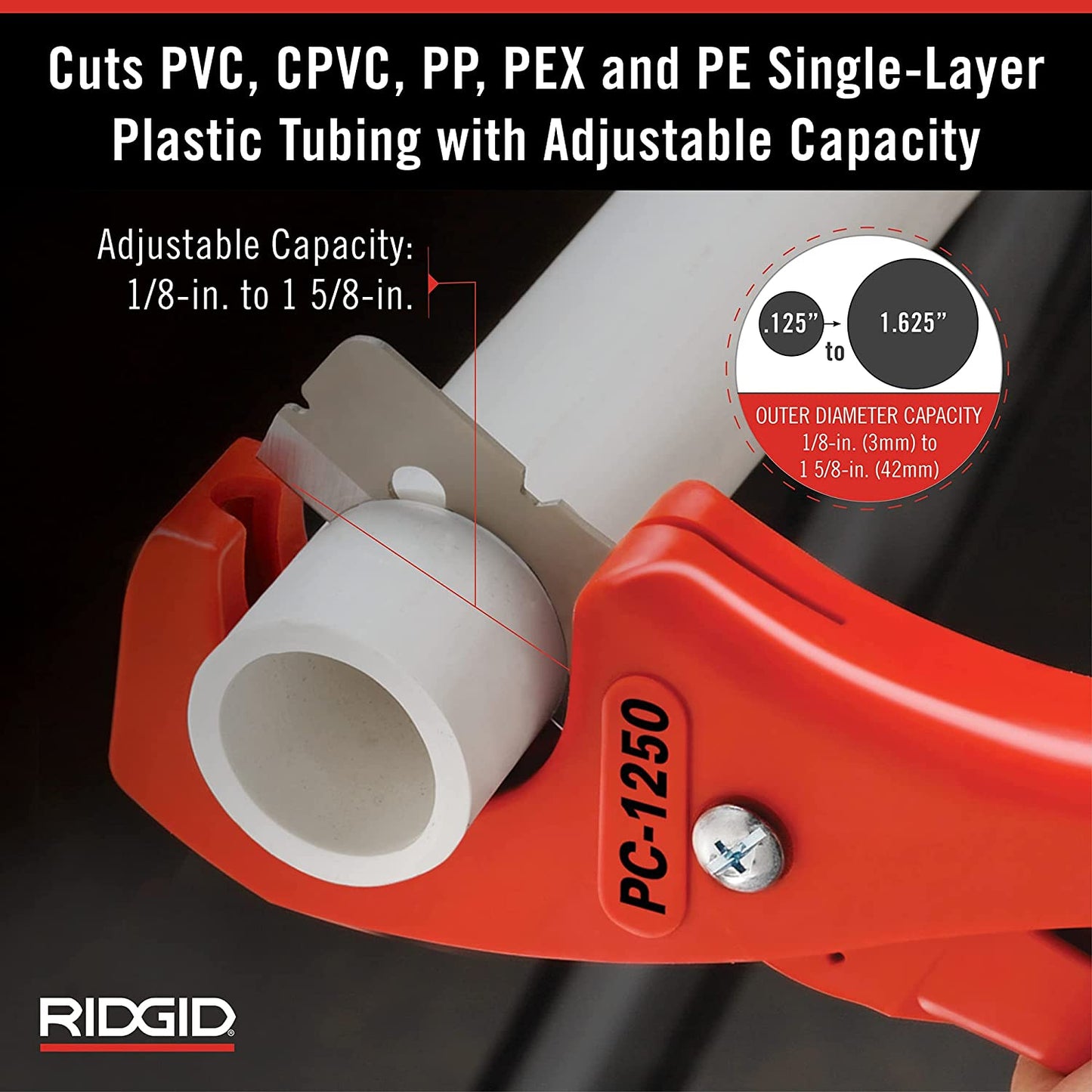 RIDGID  1/8 in. - 1-5/8 in. PC-1250 PEX and Vinyl Tubing Cutting Tool, Single Stroke Scissor Style Cut with Reversible Blade