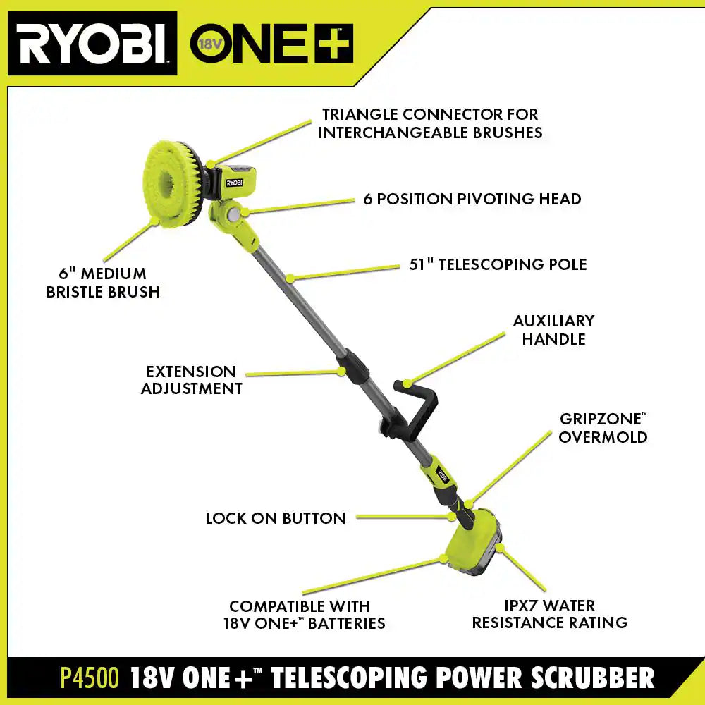 RYOBI ONE+ 18V Cordless Telescoping Power Scrubber Kit with 2.0 Ah Battery and Charger