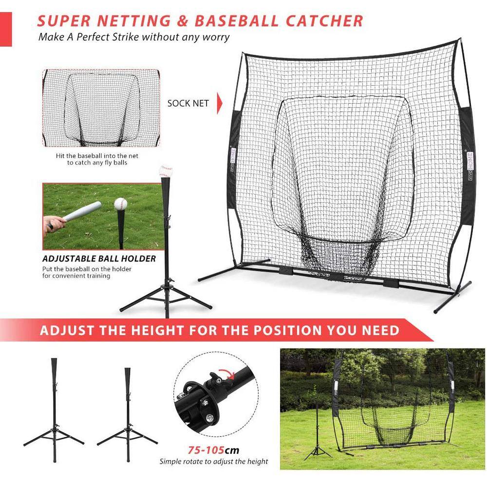 VIVOHOME 7 ft. x 7 ft. Baseball Backstop Softball Practice Net with Strike Zone Target Tee and Carry Bag