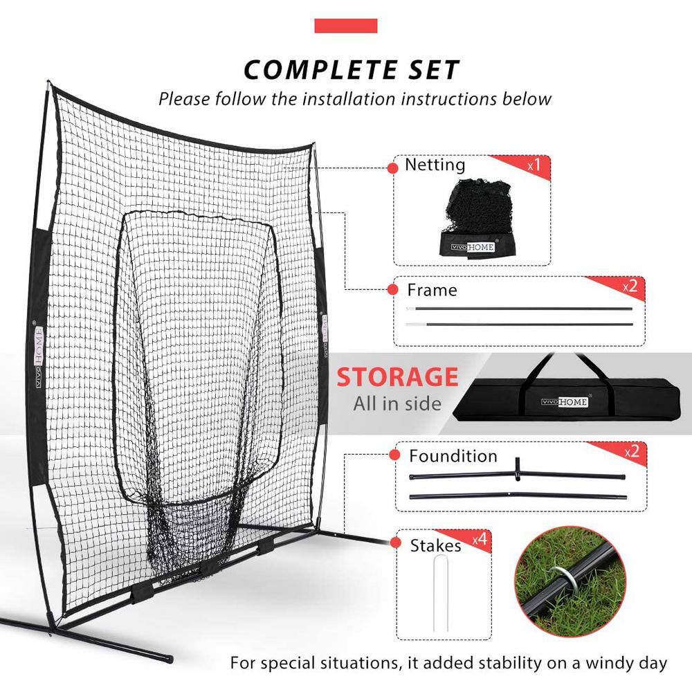 VIVOHOME 7 ft. x 7 ft. Baseball Backstop Softball Practice Net with Strike Zone Target Tee and Carry Bag