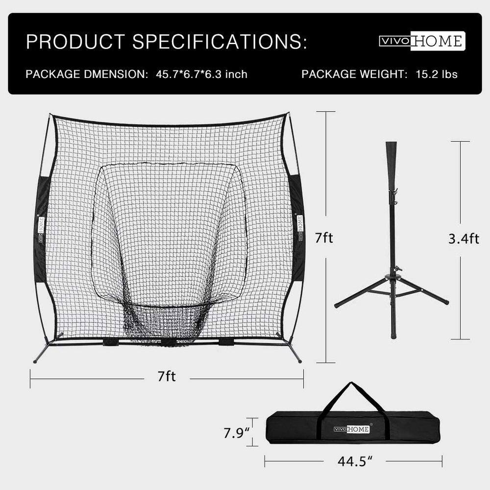 VIVOHOME 7 ft. x 7 ft. Baseball Backstop Softball Practice Net with Strike Zone Target Tee and Carry Bag