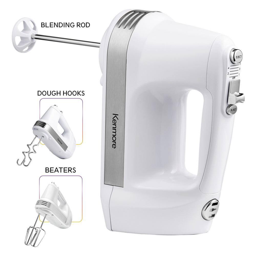 KENMORE Kenmore 5-Speed Hand Mixer / Beater / Blender, White, 250W, with Clip-on Accessory Storage Case