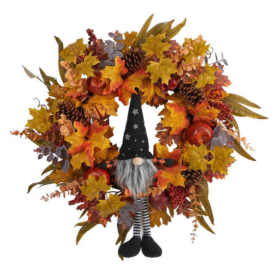 Nearly Natural 28 in. Orange Harvest Fall Gnome Artificial Autumn Wreath