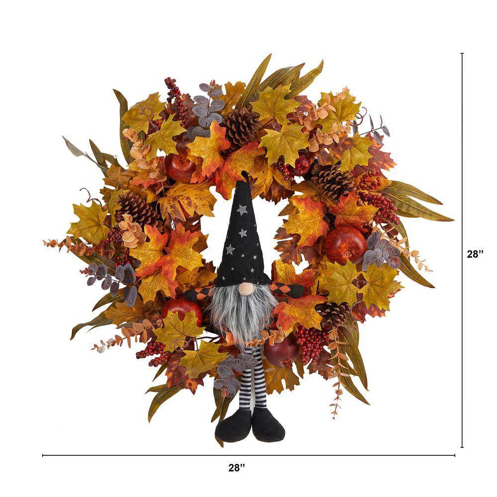 Nearly Natural 28 in. Orange Harvest Fall Gnome Artificial Autumn Wreath