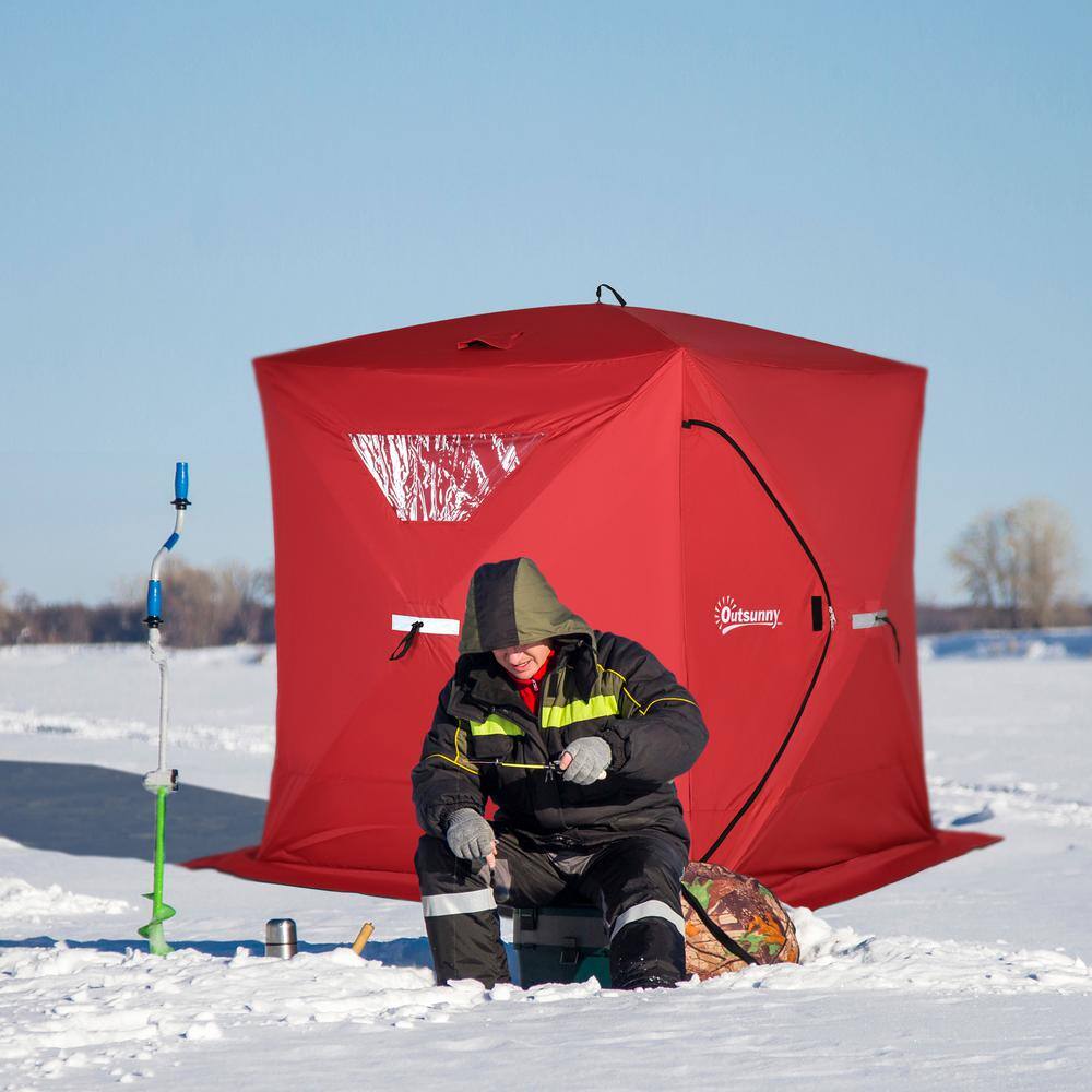 Outsunny 4-Person Ice Fishing Shelter Insulated Waterproof Portable Pop Up Ice Tent with 2-Doors for Outdoor Fishing in Red