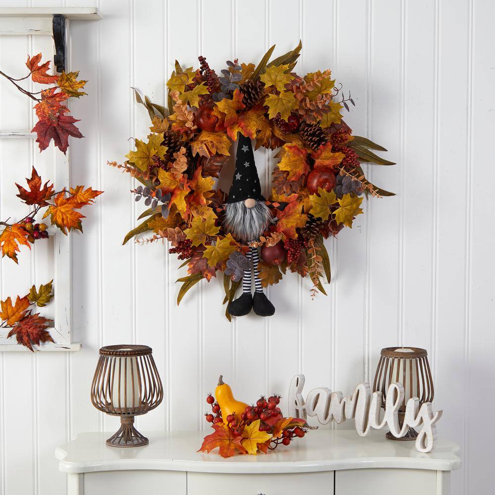 Nearly Natural 28 in. Orange Harvest Fall Gnome Artificial Autumn Wreath