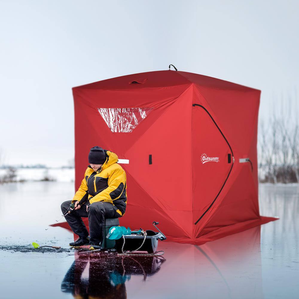 Outsunny 4-Person Ice Fishing Shelter Insulated Waterproof Portable Pop Up Ice Tent with 2-Doors for Outdoor Fishing in Red