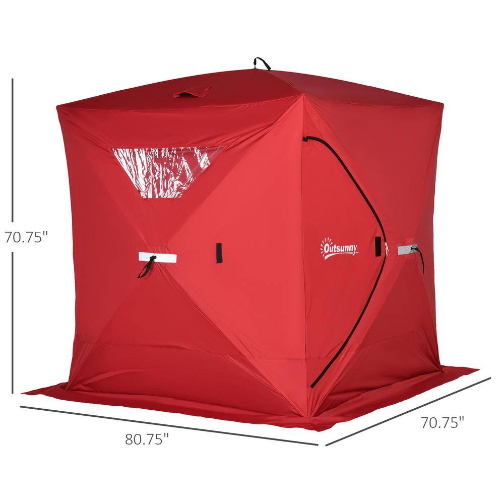 Outsunny 4-Person Ice Fishing Shelter Insulated Waterproof Portable Pop Up Ice Tent with 2-Doors for Outdoor Fishing in Red