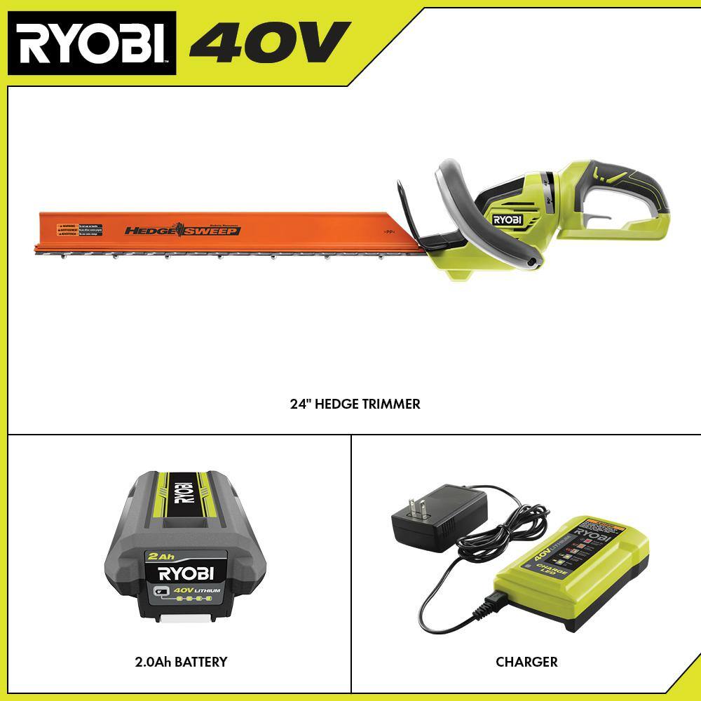 RYOBI 40V 24 in. Cordless Battery Hedge Trimmer with 2.0 Ah Battery and Charger