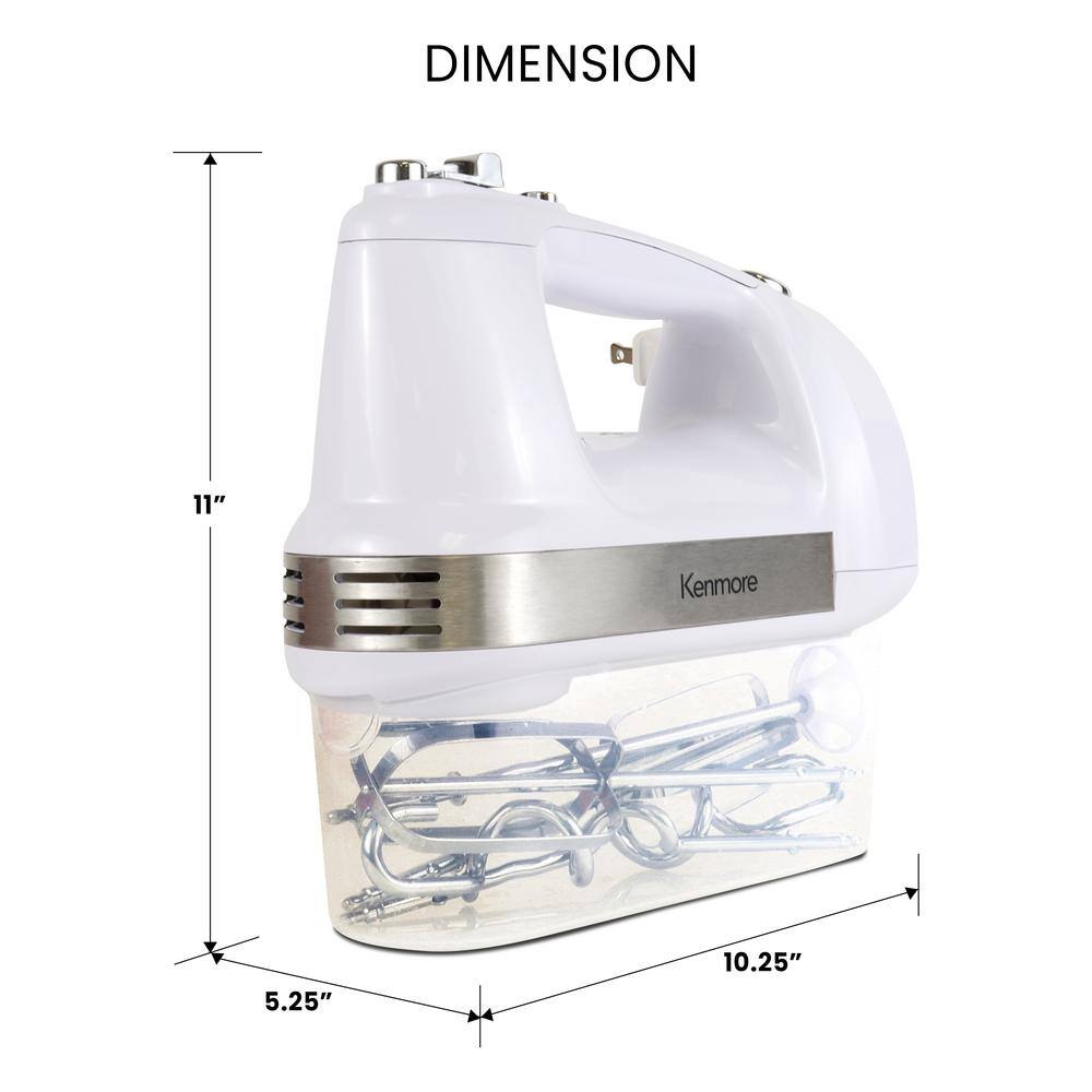 KENMORE Kenmore 5-Speed Hand Mixer / Beater / Blender, White, 250W, with Clip-on Accessory Storage Case