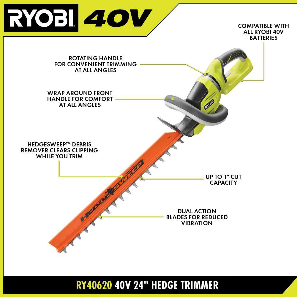 RYOBI 40V 24 in. Cordless Battery Hedge Trimmer with 2.0 Ah Battery and Charger