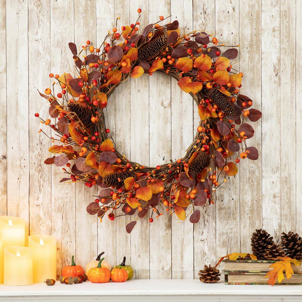 Glitzhome 22 in. D Fall Eucalyptus Berry Fall Artificial Christmas Wreath