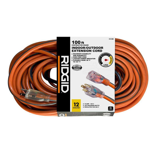 RIDGID 100 ft. 12/3 Heavy Duty Indoor/Outdoor Extension Cord with Lighted End, Orange/Grey