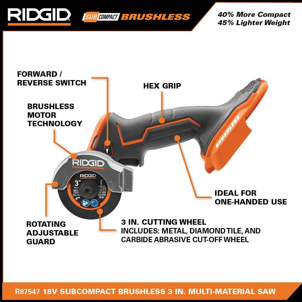 RIDGID 18V SubCompact Brushless Cordless 3 in. Multi-Material Saw (Tool Only) with (9) Cutting Wheels