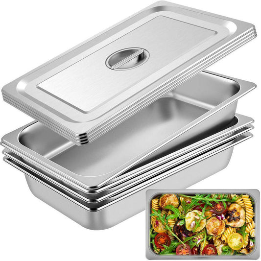 VEVOR 13.7 qt. Stainless Steel Hotel Pan 20.9 x 12.8 x 3.9 in. Roasting Pan with Lid Hotel Pans Full Size Deep (4-Pack)