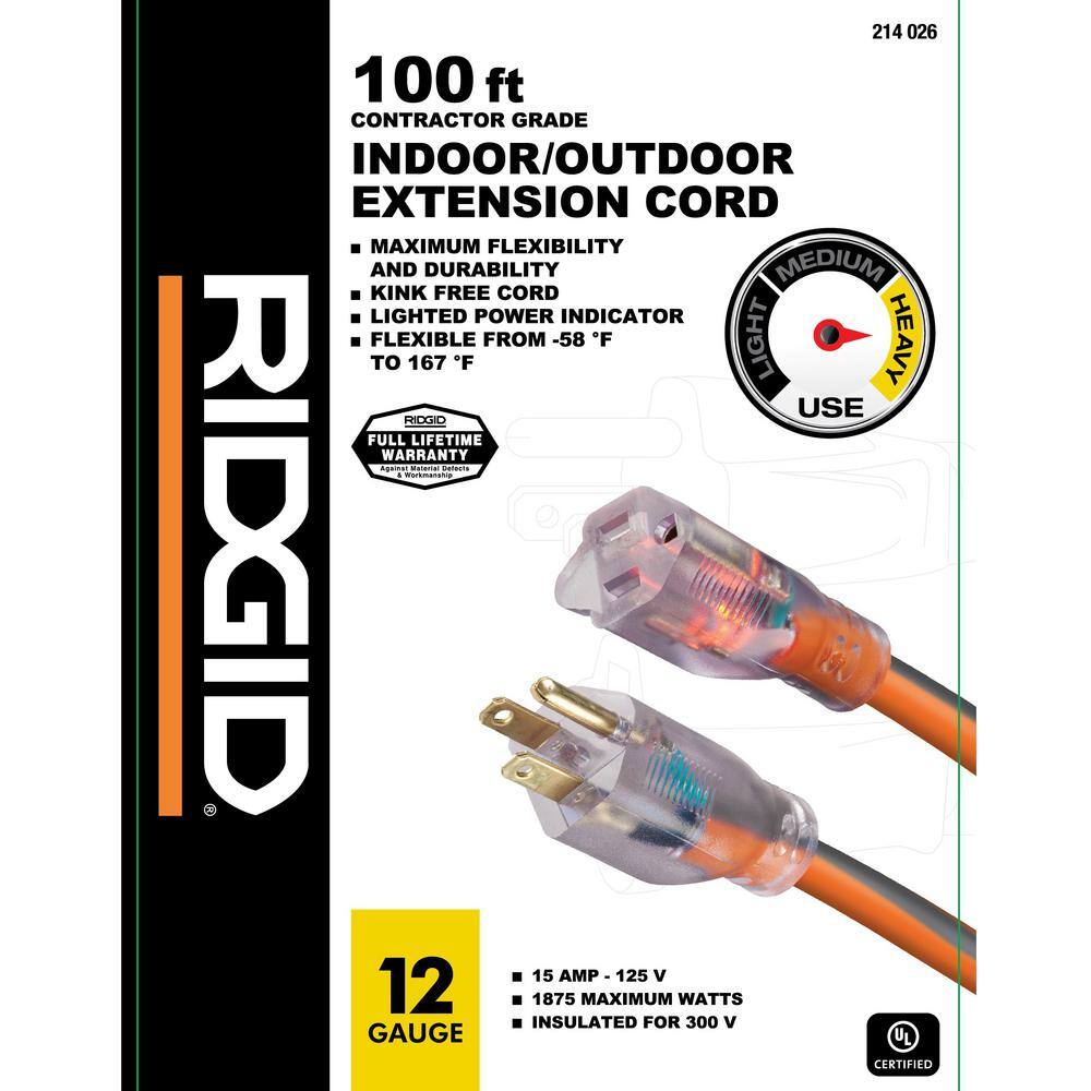 RIDGID 100 ft. 12/3 Heavy Duty Indoor/Outdoor Extension Cord with Lighted End, Orange/Grey