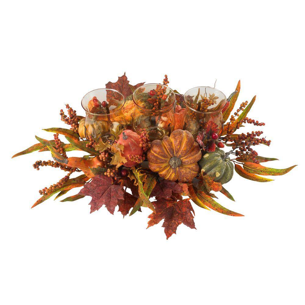 Nearly Natural 30 in. Harvest Triple Candelabrum and Artificial Foliage Table Arrangement