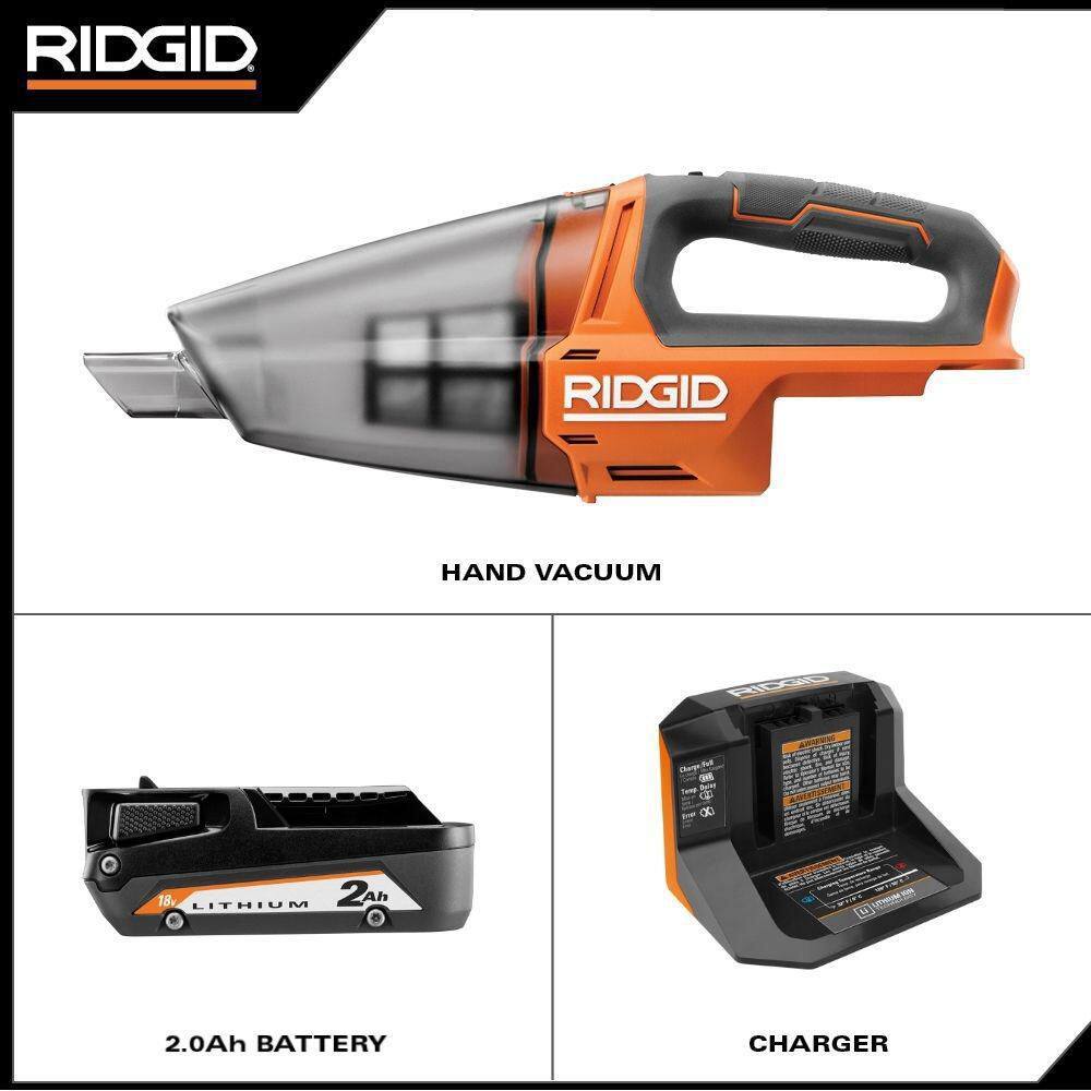 RIDGID 18V Cordless Hand Vacuum Kit with 2.0 Ah Battery and Charger