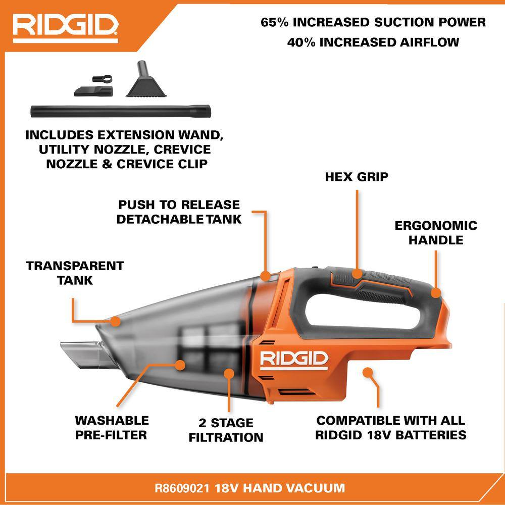 RIDGID 18V Cordless Hand Vacuum Kit with 2.0 Ah Battery and Charger