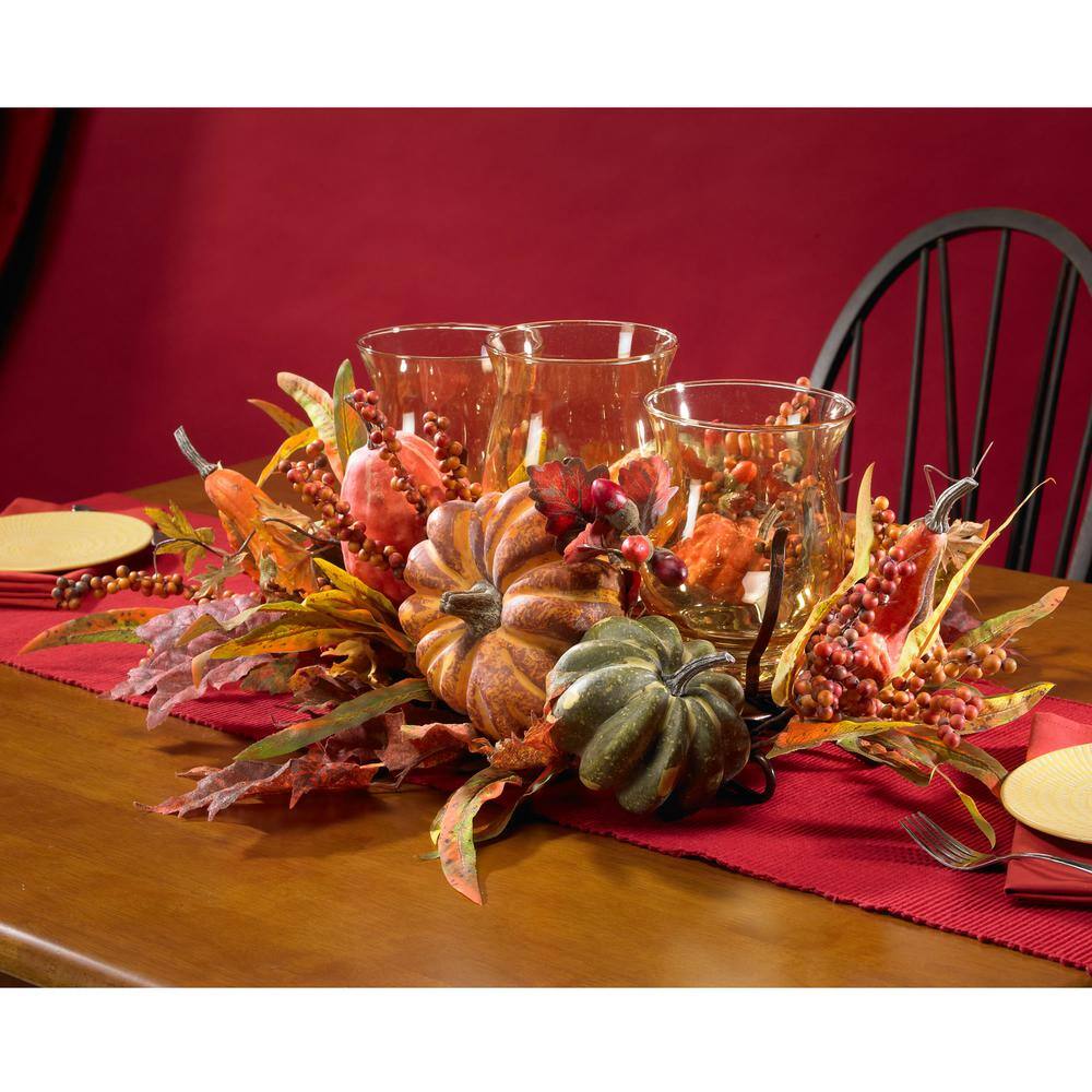 Nearly Natural 30 in. Harvest Triple Candelabrum and Artificial Foliage Table Arrangement