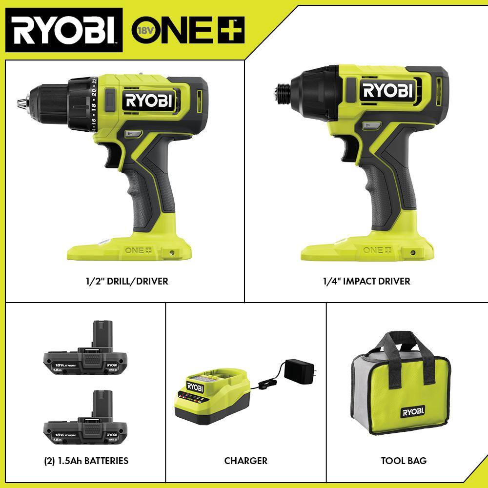 RYOBI ONE+ 18V Cordless 2-Tool Combo Kit with Drill/Driver, Impact Driver, (2) 1.5 Ah Batteries, and Charger