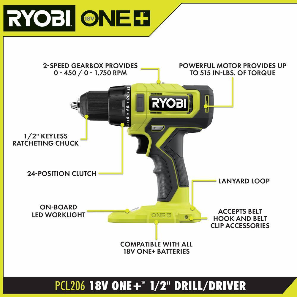 RYOBI ONE+ 18V Cordless 2-Tool Combo Kit with Drill/Driver, Impact Driver, (2) 1.5 Ah Batteries, and Charger