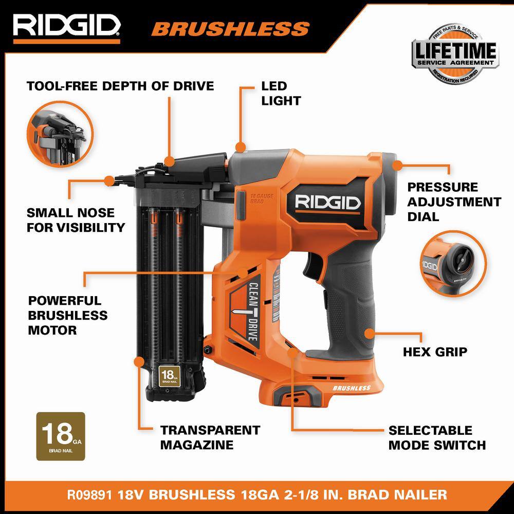 RIDGID 18V Brushless Cordless 18-Gauge 2-1/8 in. Brad Nailer with 4.0 Ah Lithium-Ion Battery