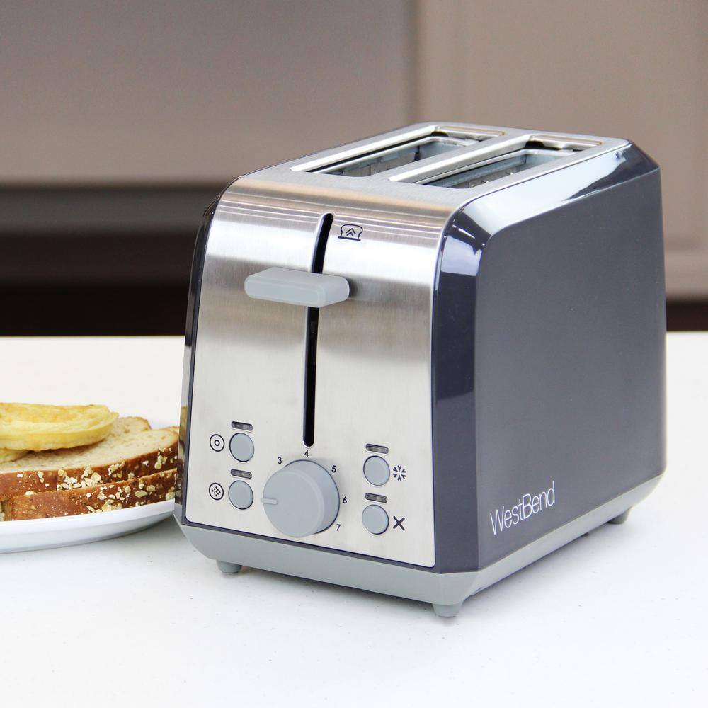 West Bend 2-Slice Silver Extra Wide Slot Toaster with Bagel Settings Ultimate Toast Lift and Removable Crumb Tray