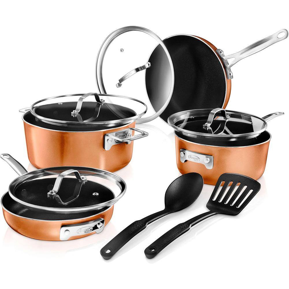 Gotham Steel StackMaster 10- Piece (7 in. and 9 in.) Aluminum Cast Textured Ceramic Nonstick Coating Cookware Set with Utensils