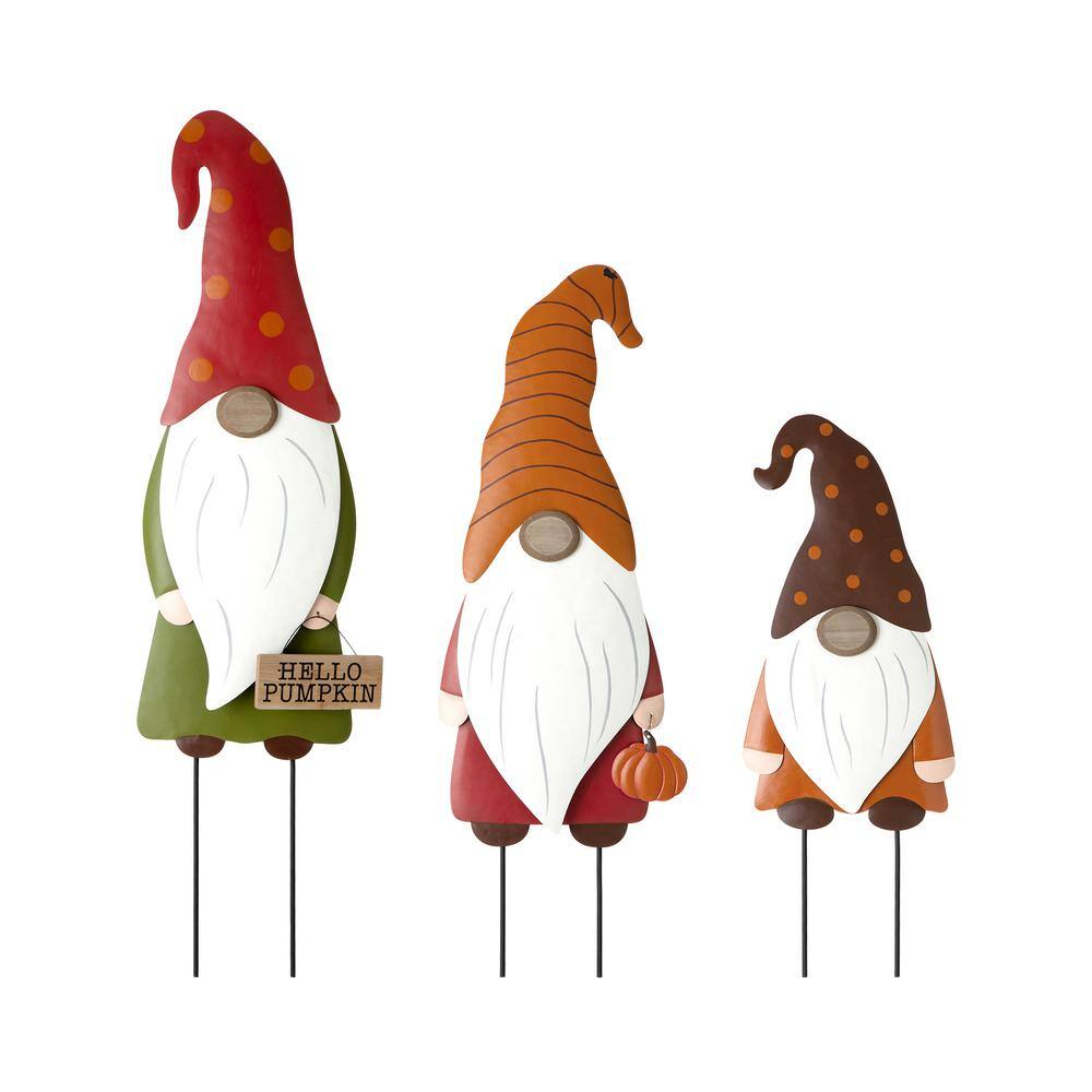 Glitzhome Fall Metal Gnome Family Yard Stake or Wall Decor or Standing Decor (Set of 3)