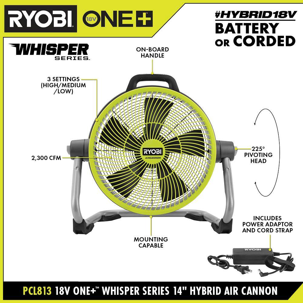 RYOBI ONE+ 18V Cordless Hybrid WHISPER SERIES 14 in. Air Cannon Fan (Tool Only)