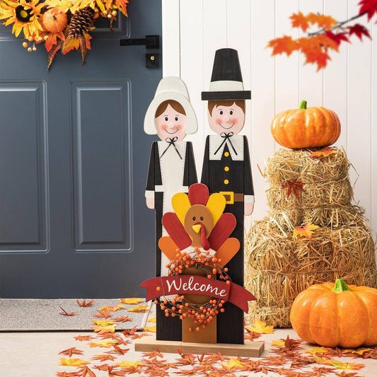 Glitzhome 36 in. H Thanksgiving Wooden Pilgrim Couple Poch Decor