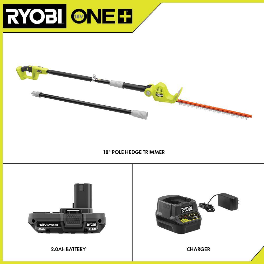 RYOBI ONE+ 18V 18 in. Cordless Battery Pole Hedge Trimmer with 2.0 Ah Battery and Charger