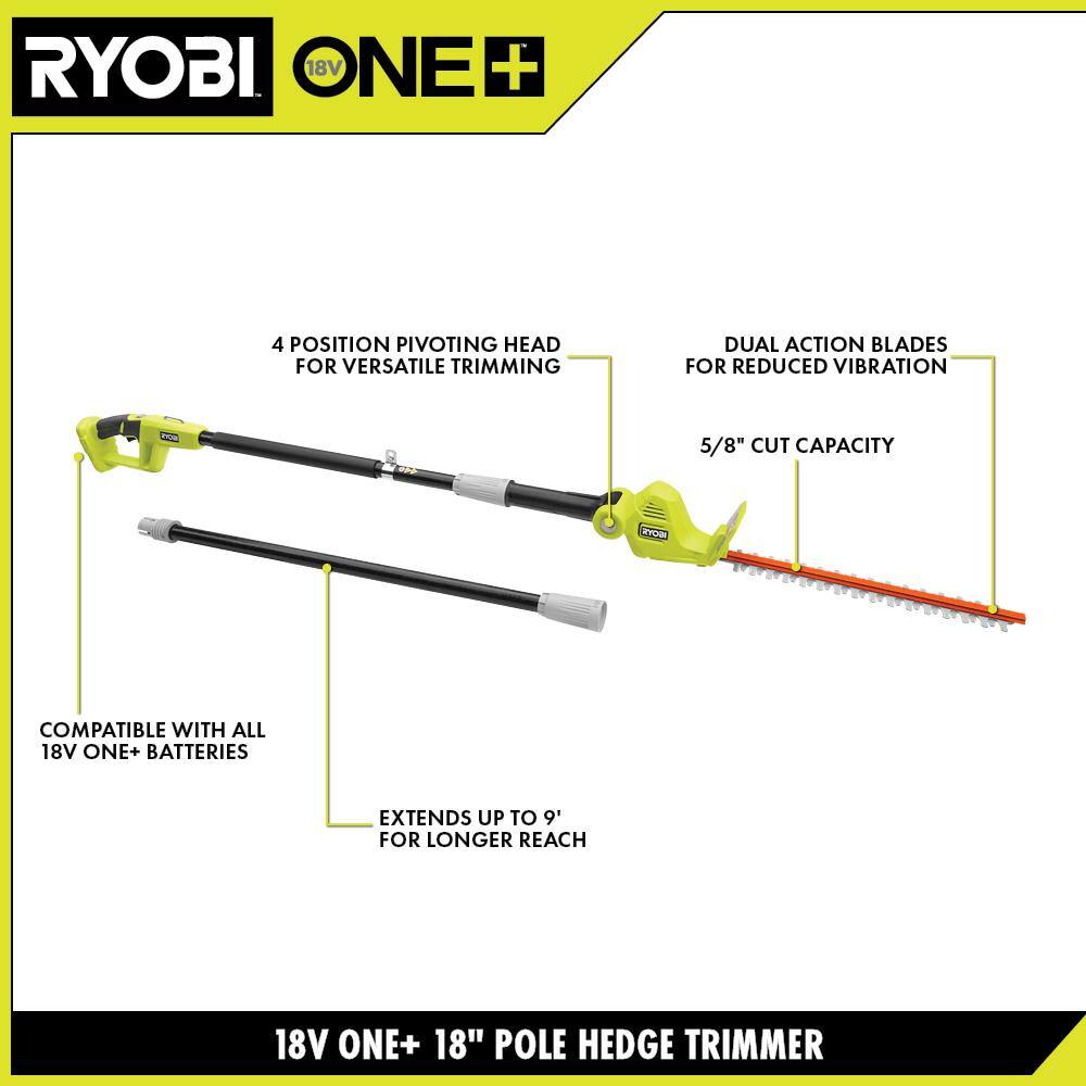 RYOBI ONE+ 18V 18 in. Cordless Battery Pole Hedge Trimmer with 2.0 Ah Battery and Charger