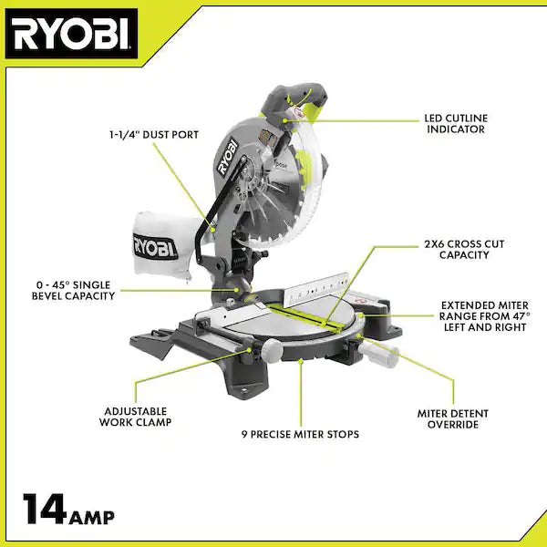 RYOBI  14 Amp Corded 10 in. Compound Miter Saw with LED Cutline Indicator