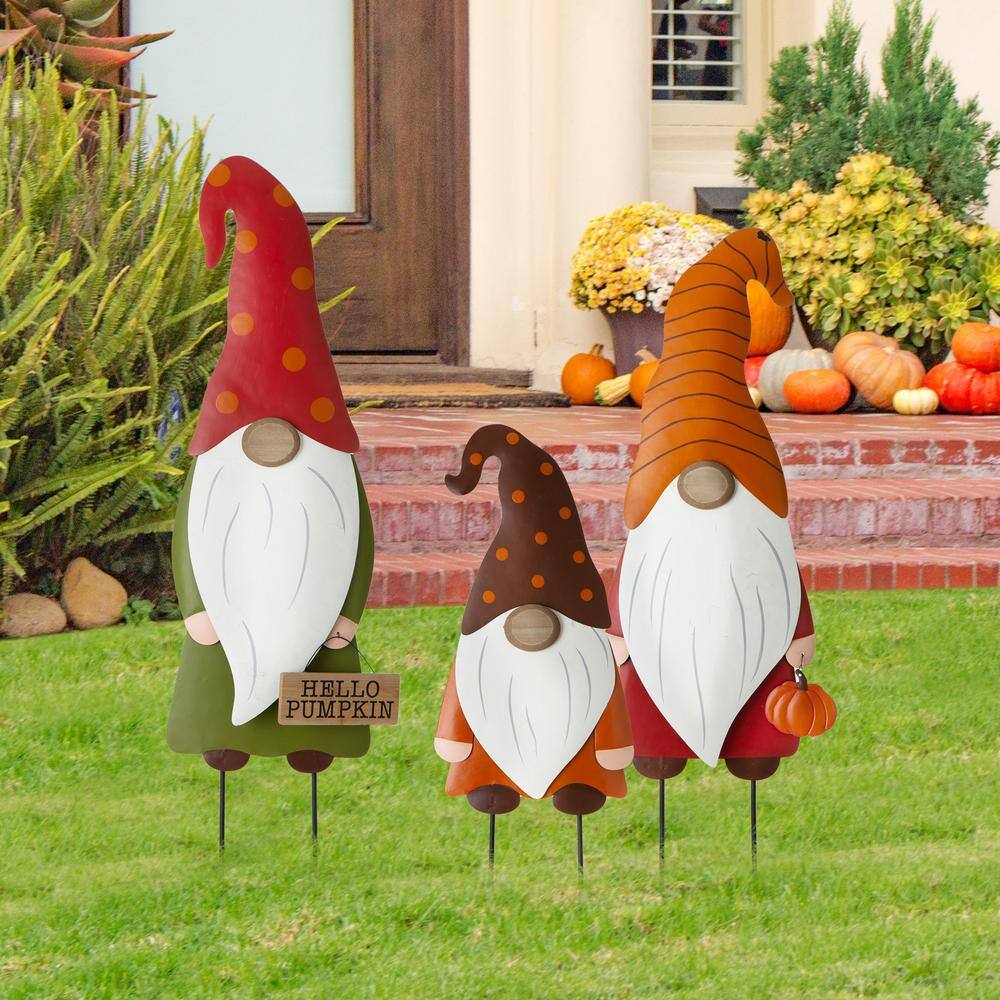 Glitzhome Fall Metal Gnome Family Yard Stake or Wall Decor or Standing Decor (Set of 3)