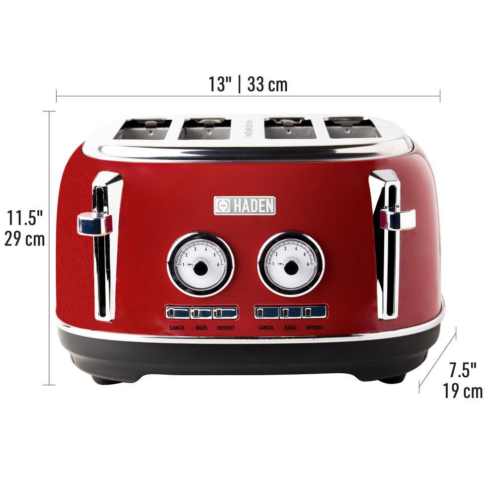 HADEN Dorset 1500-Watt 4-Slice Red Wide Slot Retro Toaster with Removable Crumb Tray and Browning Control