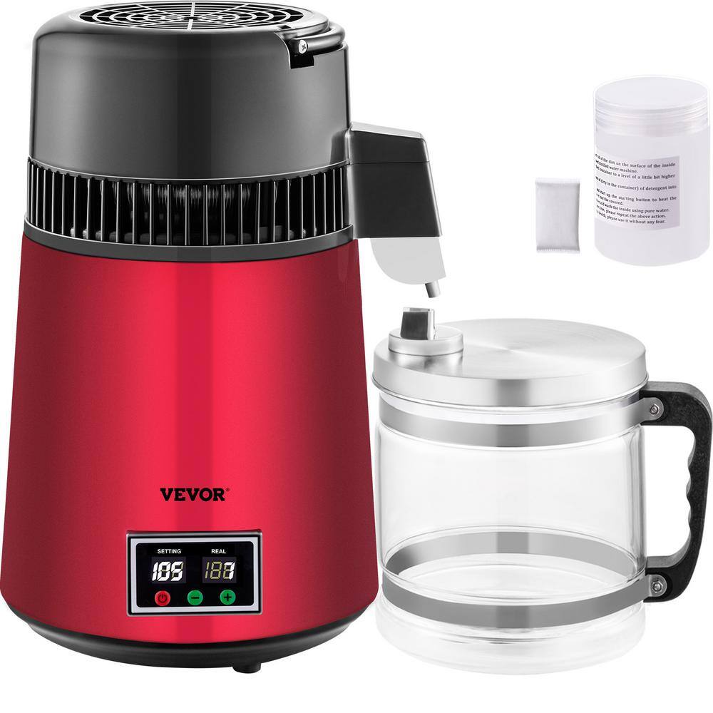 VEVOR Water Distiller 1.1 Gal. Countertop Distilled Water Maker 750 Watt Dual Temperature Displays Pure Water Distiller, Red