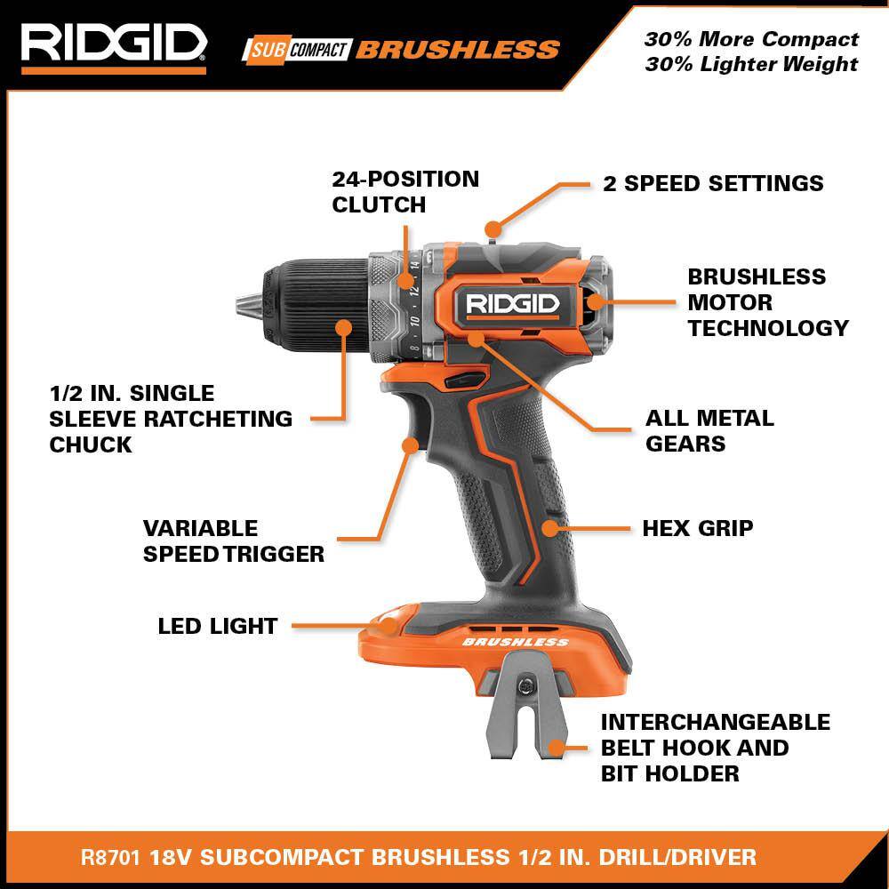 RIDGID 18V Lithium-Ion Brushless Cordless SubCompact 1/2 in. Drill/Driver (Tool-Only)