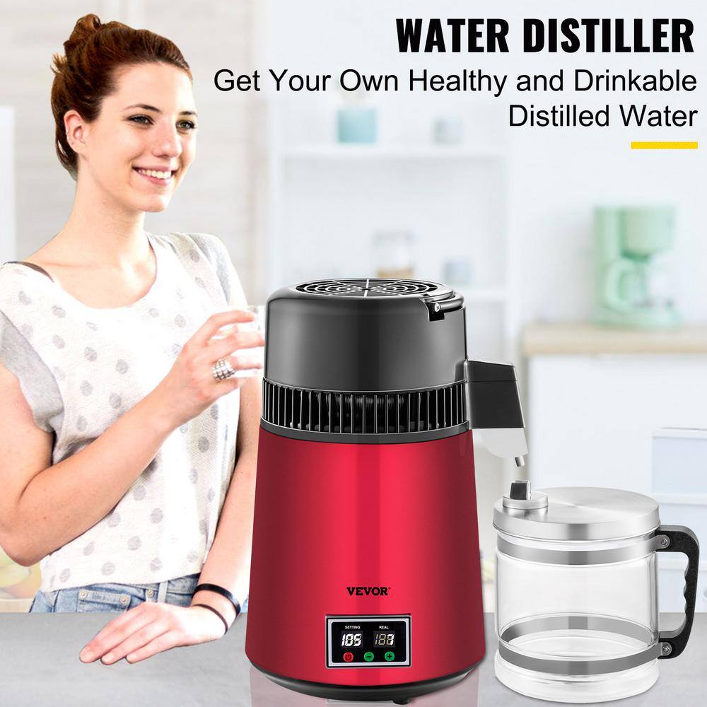 VEVOR Water Distiller 1.1 Gal. Countertop Distilled Water Maker 750 Watt Dual Temperature Displays Pure Water Distiller, Red