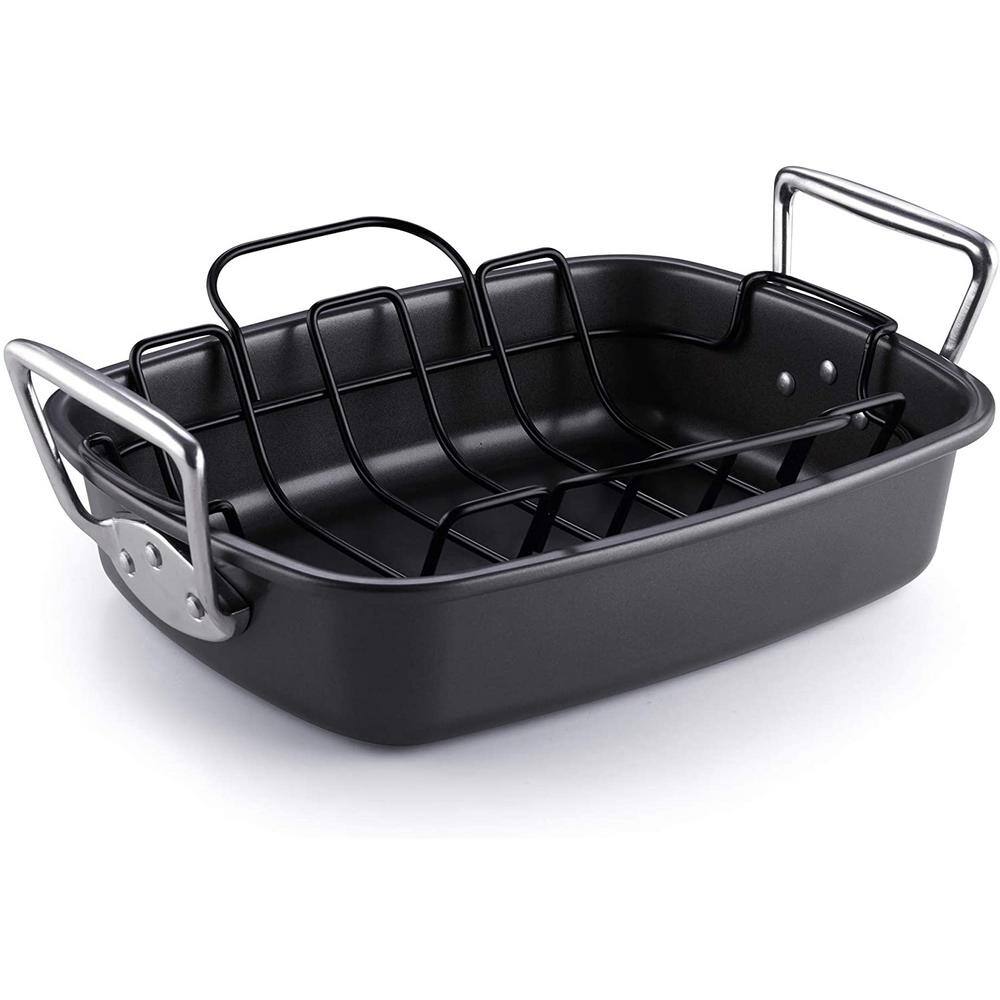 Cook N Home 17 in. x 13 in. 12 qt. Black Aluminum Nonstick Roasting Pans with Rack