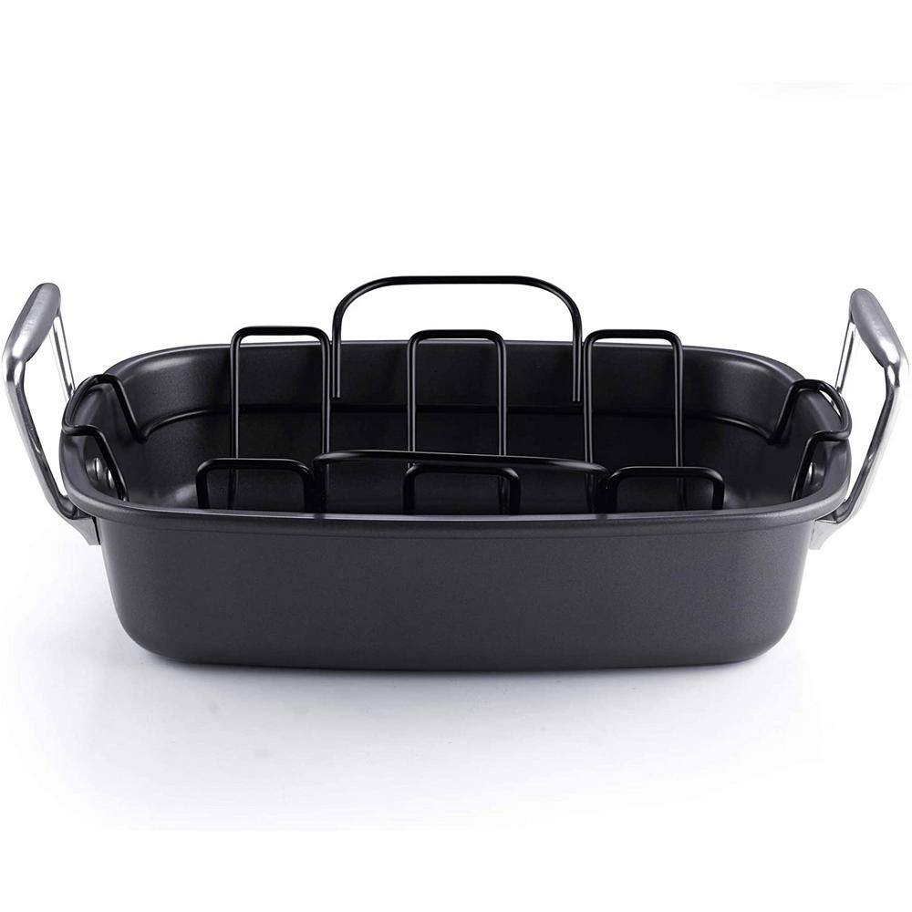 Cook N Home 17 in. x 13 in. 12 qt. Black Aluminum Nonstick Roasting Pans with Rack