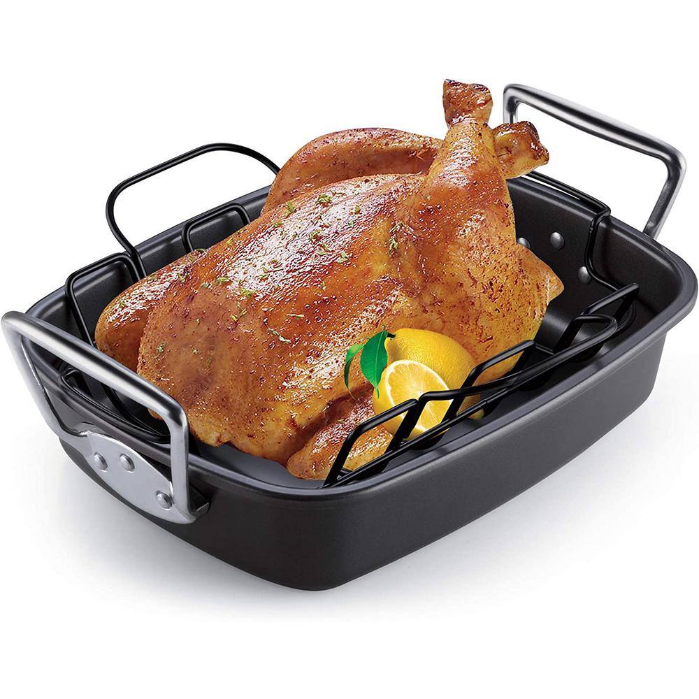 Cook N Home 17 in. x 13 in. 12 qt. Black Aluminum Nonstick Roasting Pans with Rack