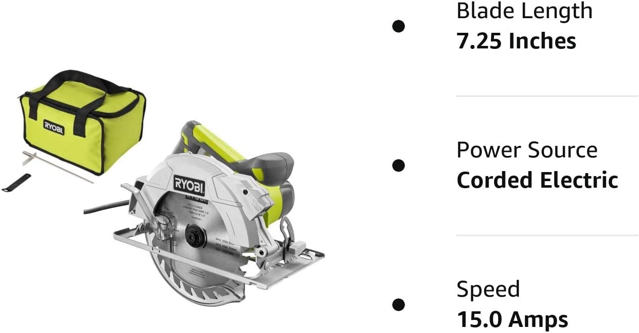 RYOBI  15 Amp Corded 7-1/4 in. Circular Saw with EXACTLINE Laser Alignment System, 24T Carbide Tipped Blade, Edge Guide and Bag