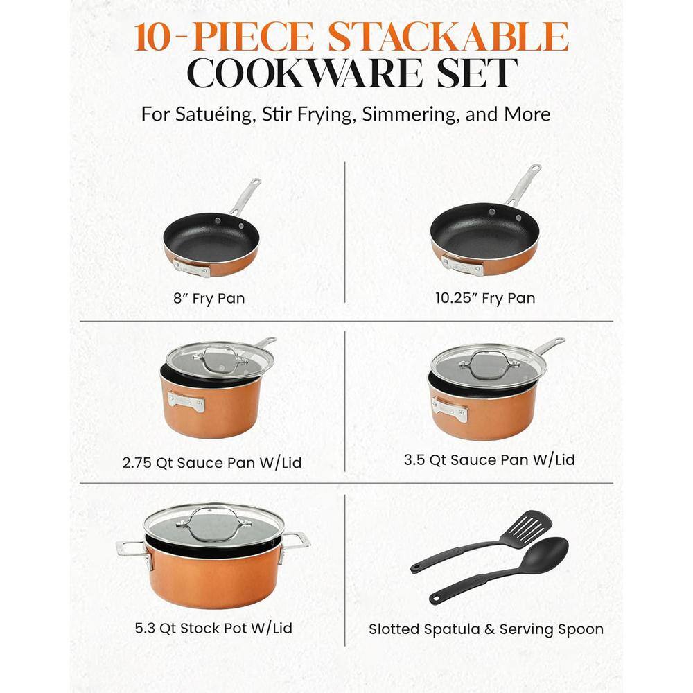 Gotham Steel StackMaster 10- Piece (7 in. and 9 in.) Aluminum Cast Textured Ceramic Nonstick Coating Cookware Set with Utensils