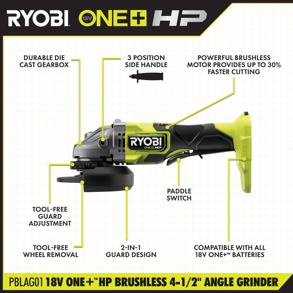 RYOBI ONE+ HP 18V Brushless Cordless 4-1/2 in. Angle Grinder (Tool Only)