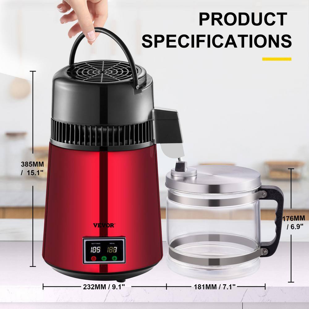 VEVOR Water Distiller 1.1 Gal. Countertop Distilled Water Maker 750 Watt Dual Temperature Displays Pure Water Distiller, Red